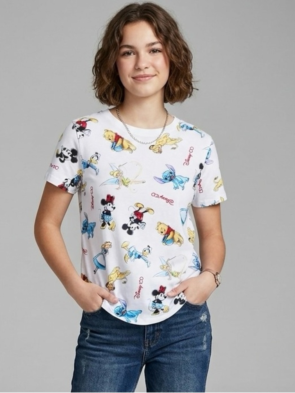 Disney Girls White Tee with Colorful Character Print size L(11-13)